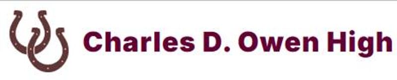 The image displays the logo for Charles D. Owen High School. The logo features two overlapping horseshoes on the left side, followed by the school's name in a bold, dark red font. The overall design is simple and clean, with a focus on the school's name and a subtle equestrian theme represented by the horseshoes.